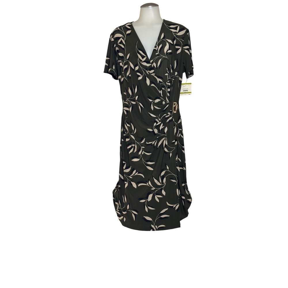 Anne Klein Faux Wrap Dress Women 14 Green Loden Leaf Buckle NWT
